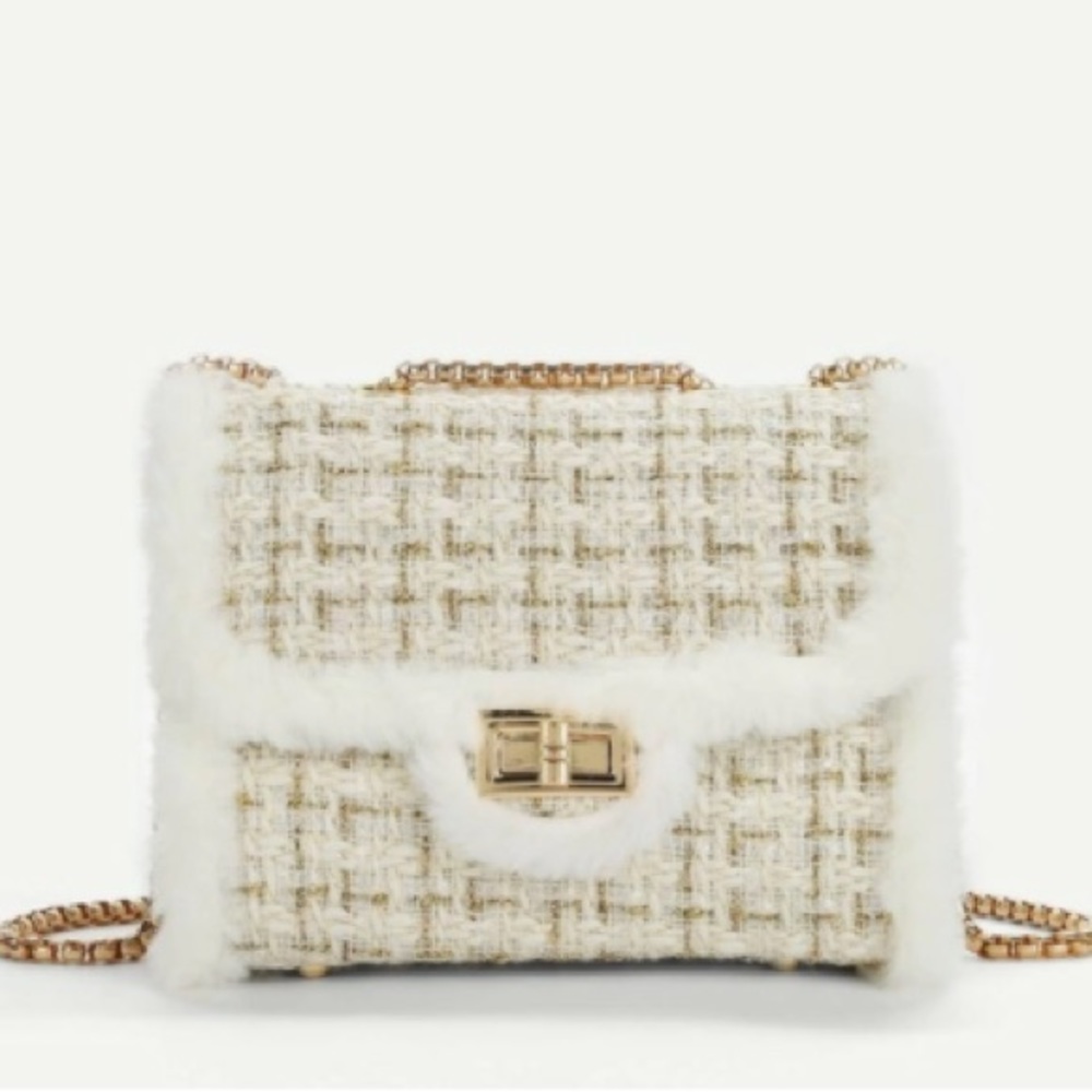 NWOT Fluffy Trim Tweed Crossbody Purse